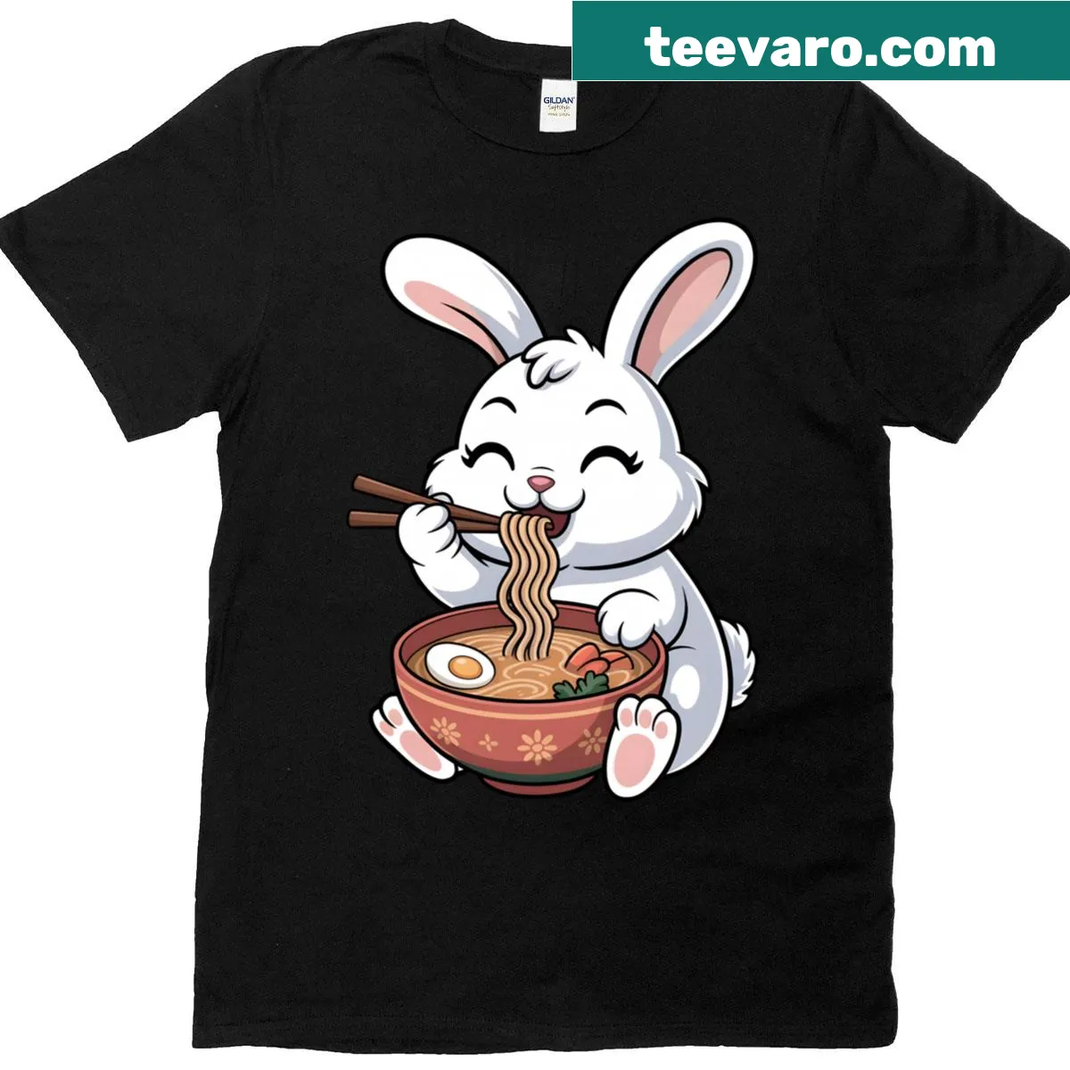 Cartoon T-shirt with a cute bunny eating ramen — on a men's t-shirt