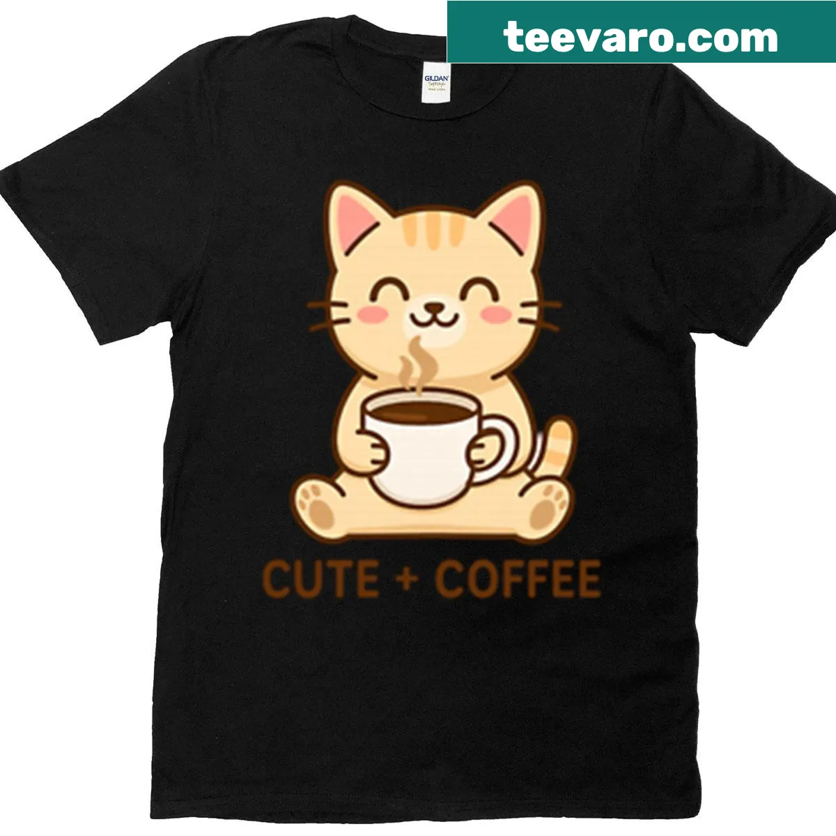 Kawaii cat graphic with coffee mug on a T-shirt — on a men's t-shirt