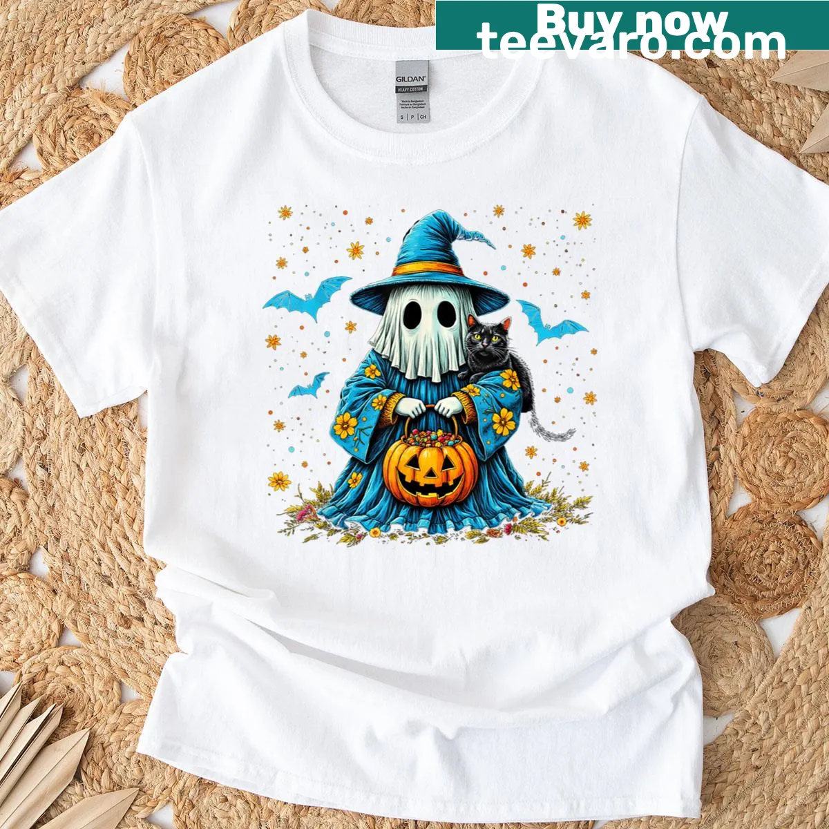 Cute ghost and black cat Halloween T-shirt with floral design — on a men's t-shirt