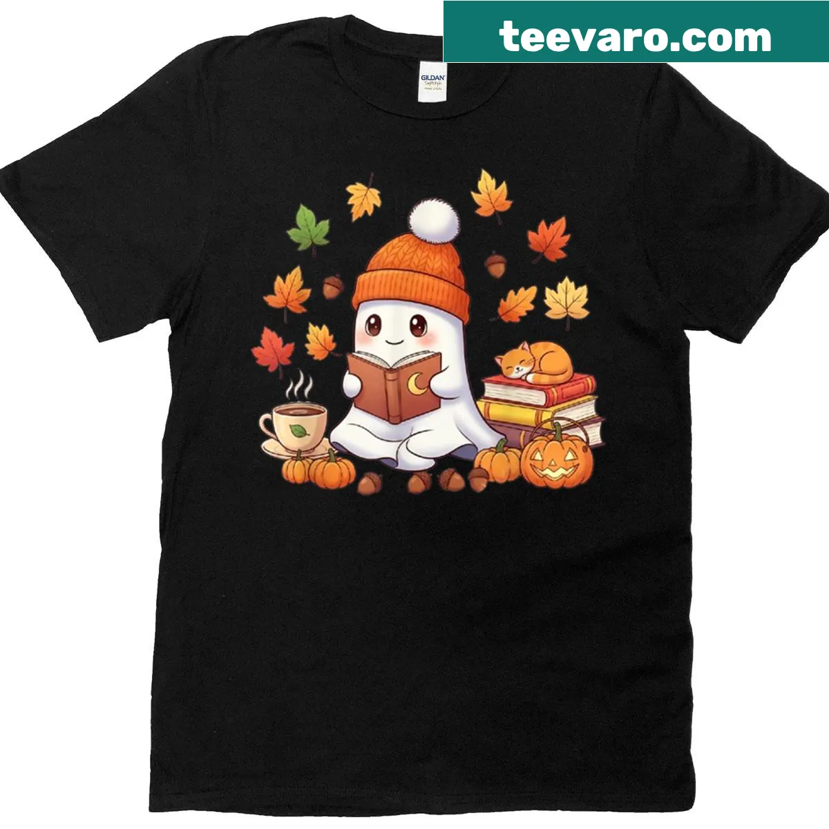 Cute ghost reading a book, perfect for Halloween. — on a men's t-shirt