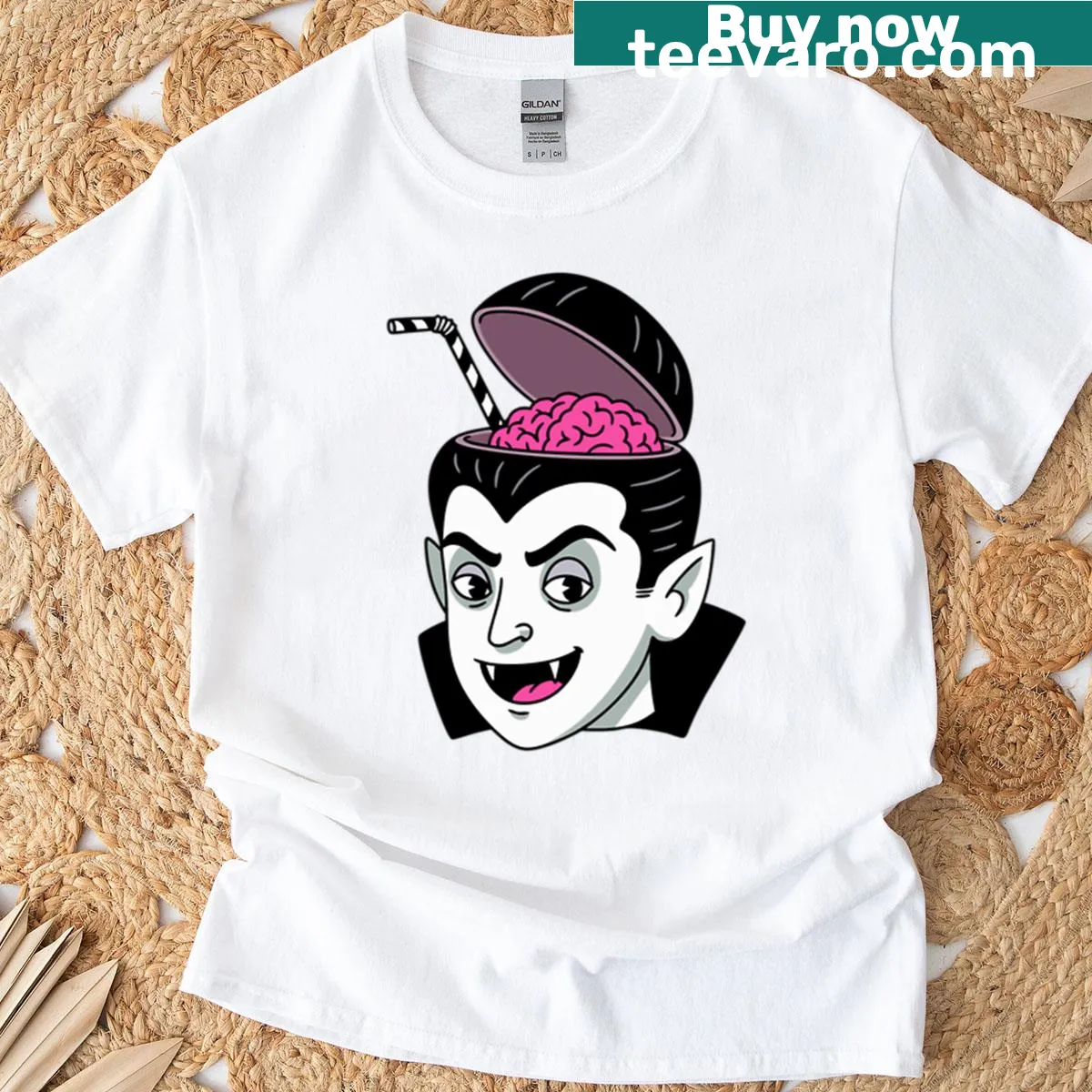 Cute minimalist Dracula holding a brain drink on a t-shirt — on a men's t-shirt