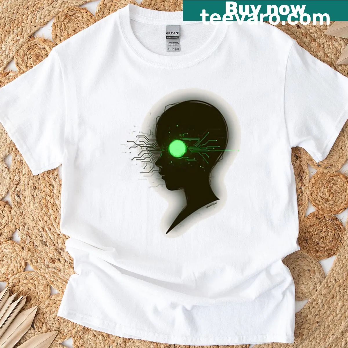 Cyborg eye graphic T-shirt in sci-fi style — on a men's t-shirt