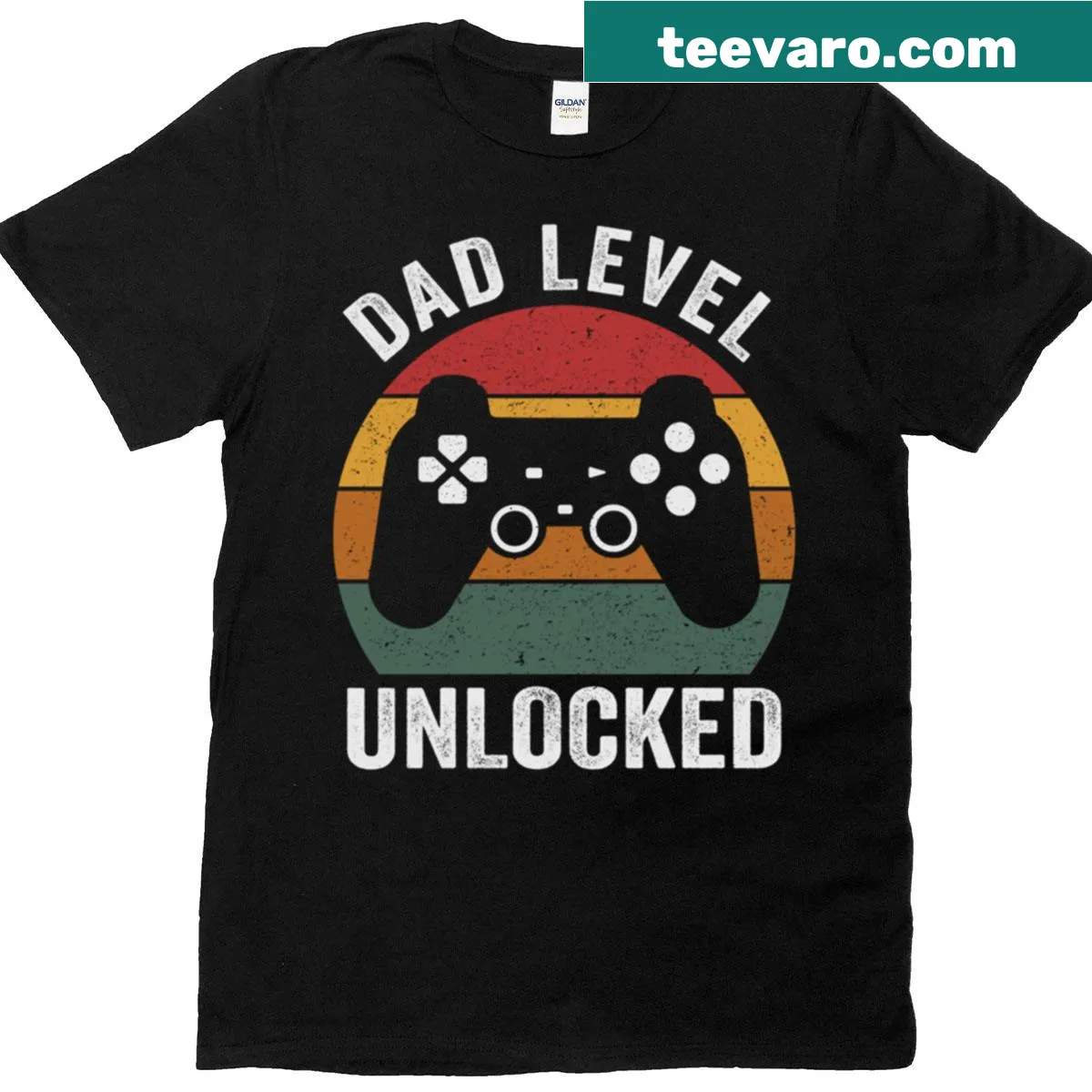 Funny T-shirt that says 'Dad Level Unlocked' with a playful design — on a men's t-shirt