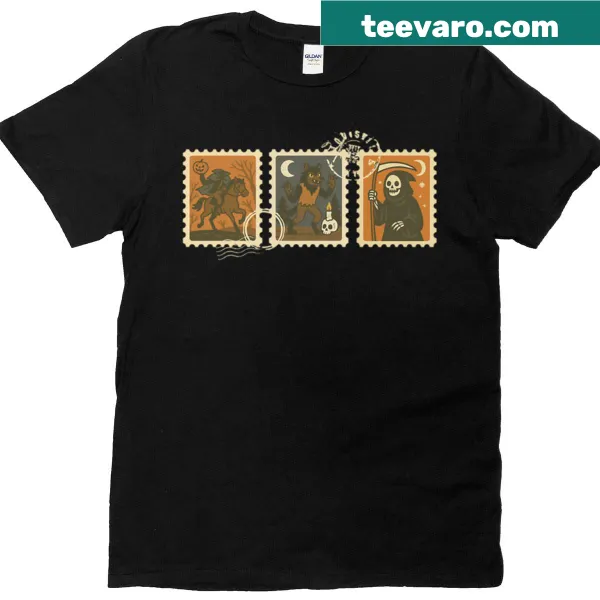 Retro Halloween t-shirt with dark folklore stamp designs.