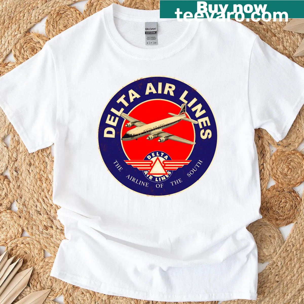 Vintage distressed t-shirt featuring Delta Air Lines placard — on a men's t-shirt