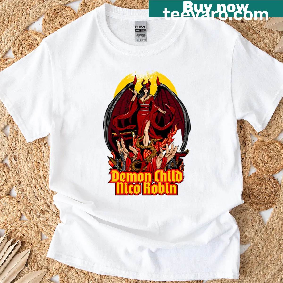 Edgy t-shirt featuring the illustration of demon child Nico Roben — on a men's t-shirt
