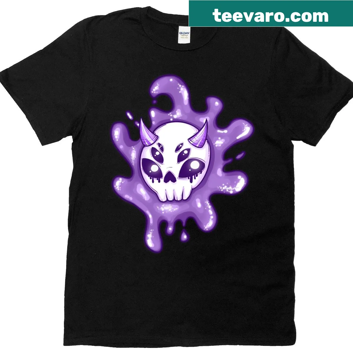 Graphic T-shirt featuring a demon skull with splash and drip design — on a men's t-shirt