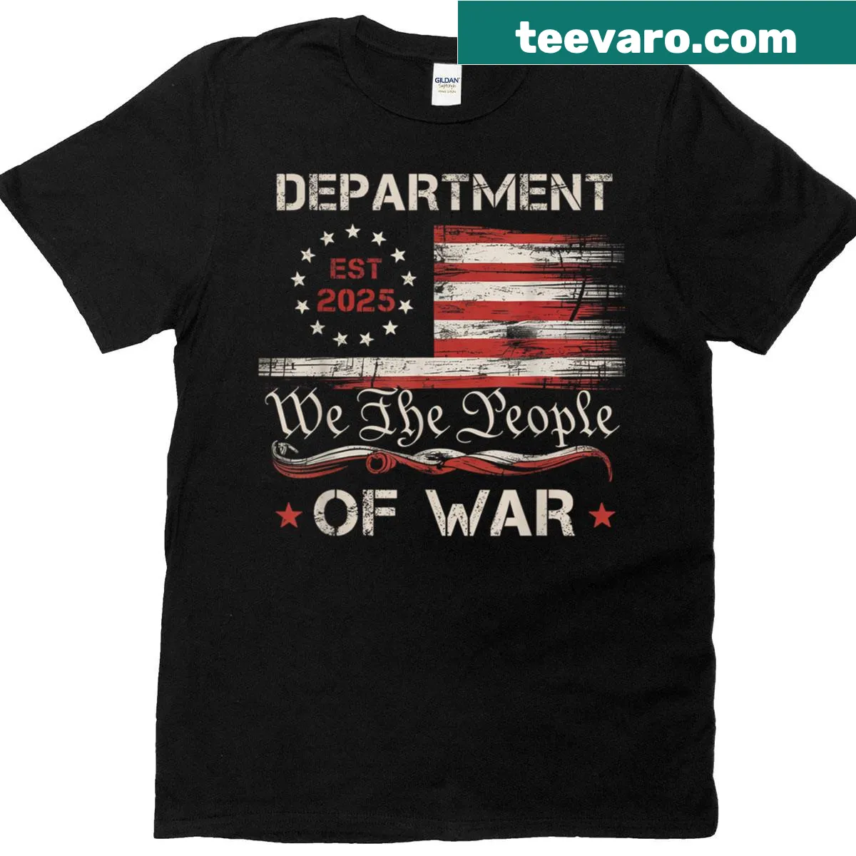 Cartoonish 'Department Of War' parody t-shirt — on a men's t-shirt