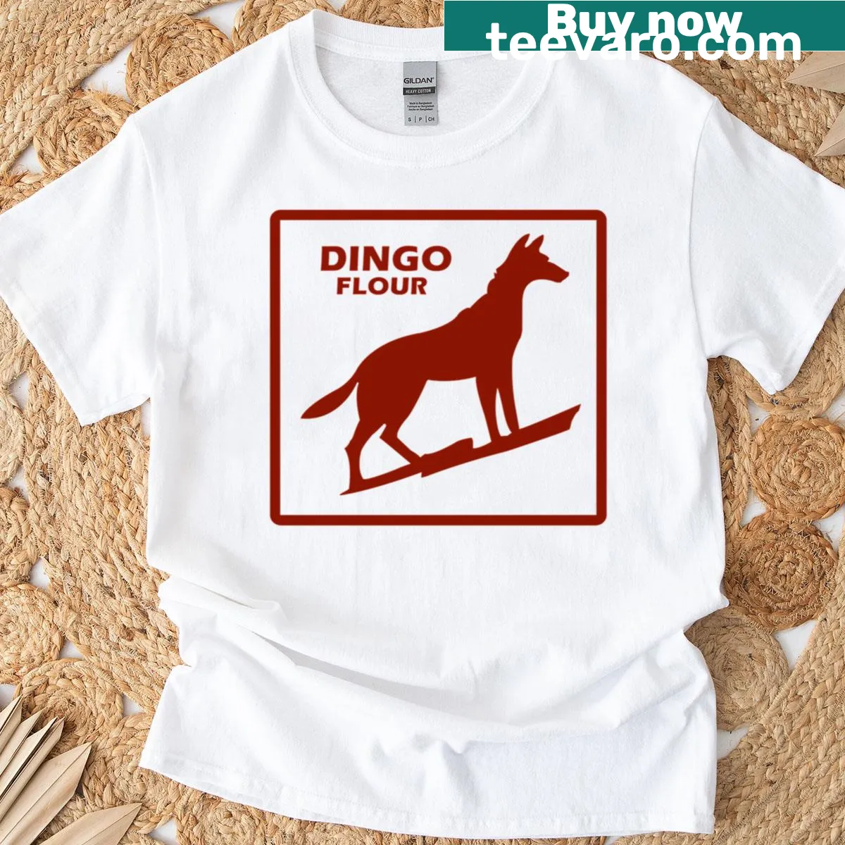 Dingo Flour themed text on a casual t-shirt — on a men's t-shirt