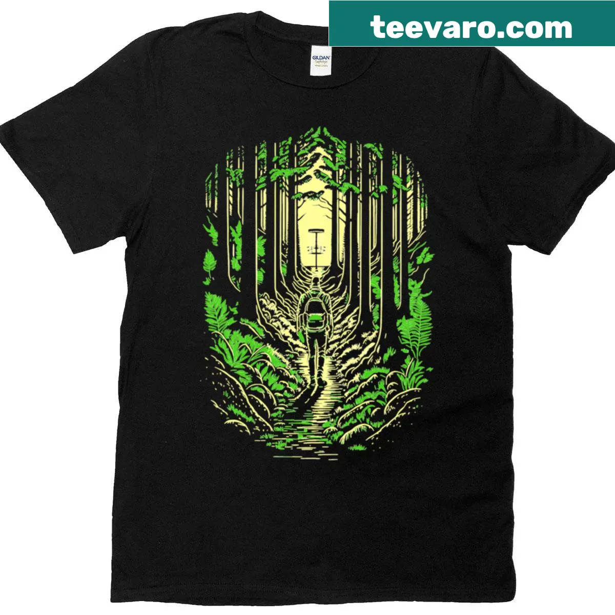 Graphic of disc golfer in forest at sunset on T-shirt. — on a men's t-shirt