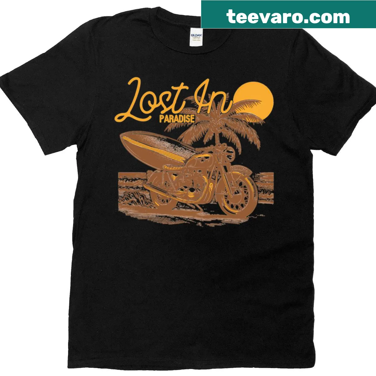 Shirt featuring the phrase 'Lost In Paradise' in a travel-themed design — on a men's t-shirt