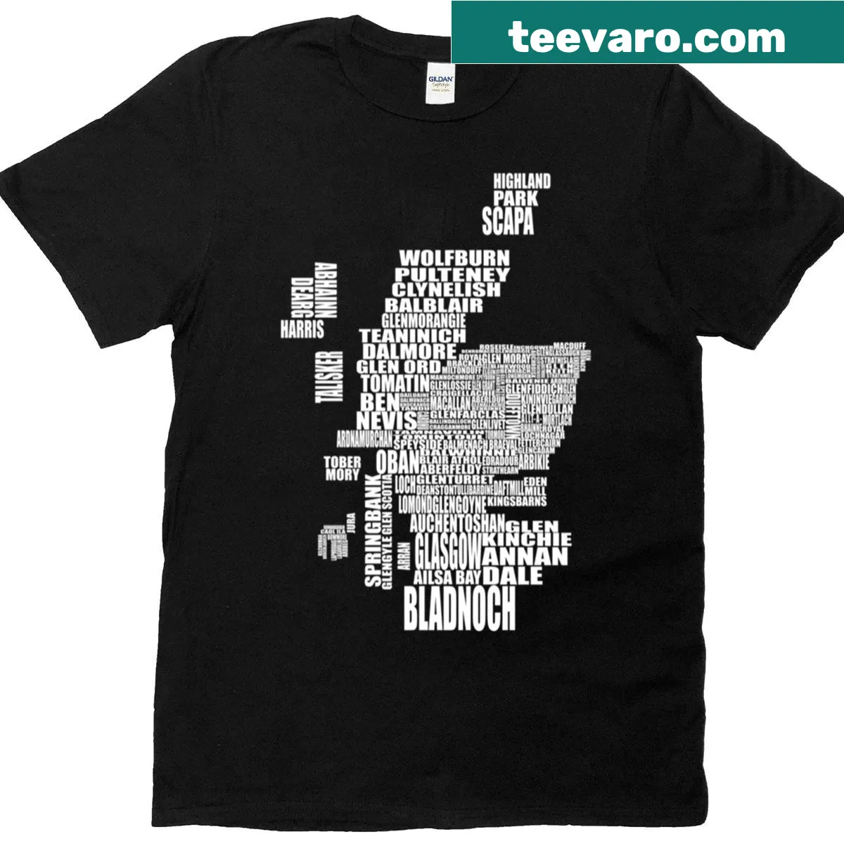 Illustrated map of Scottish distilleries on a T-shirt. — on a men's t-shirt