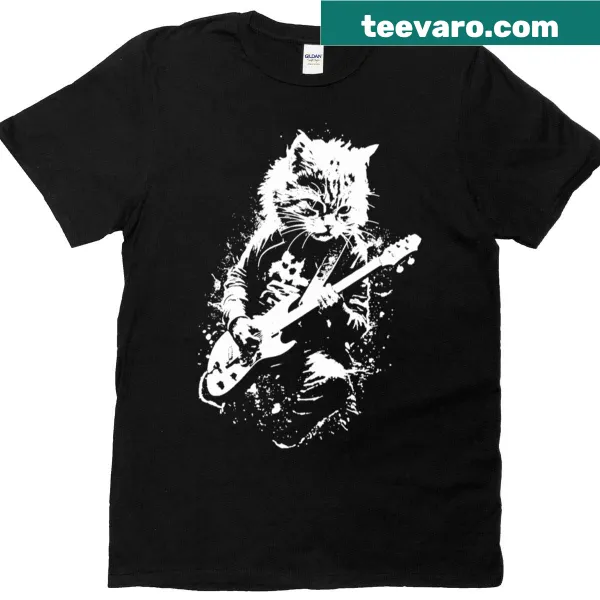Cat playing guitar with punk rock theme in distressed style.