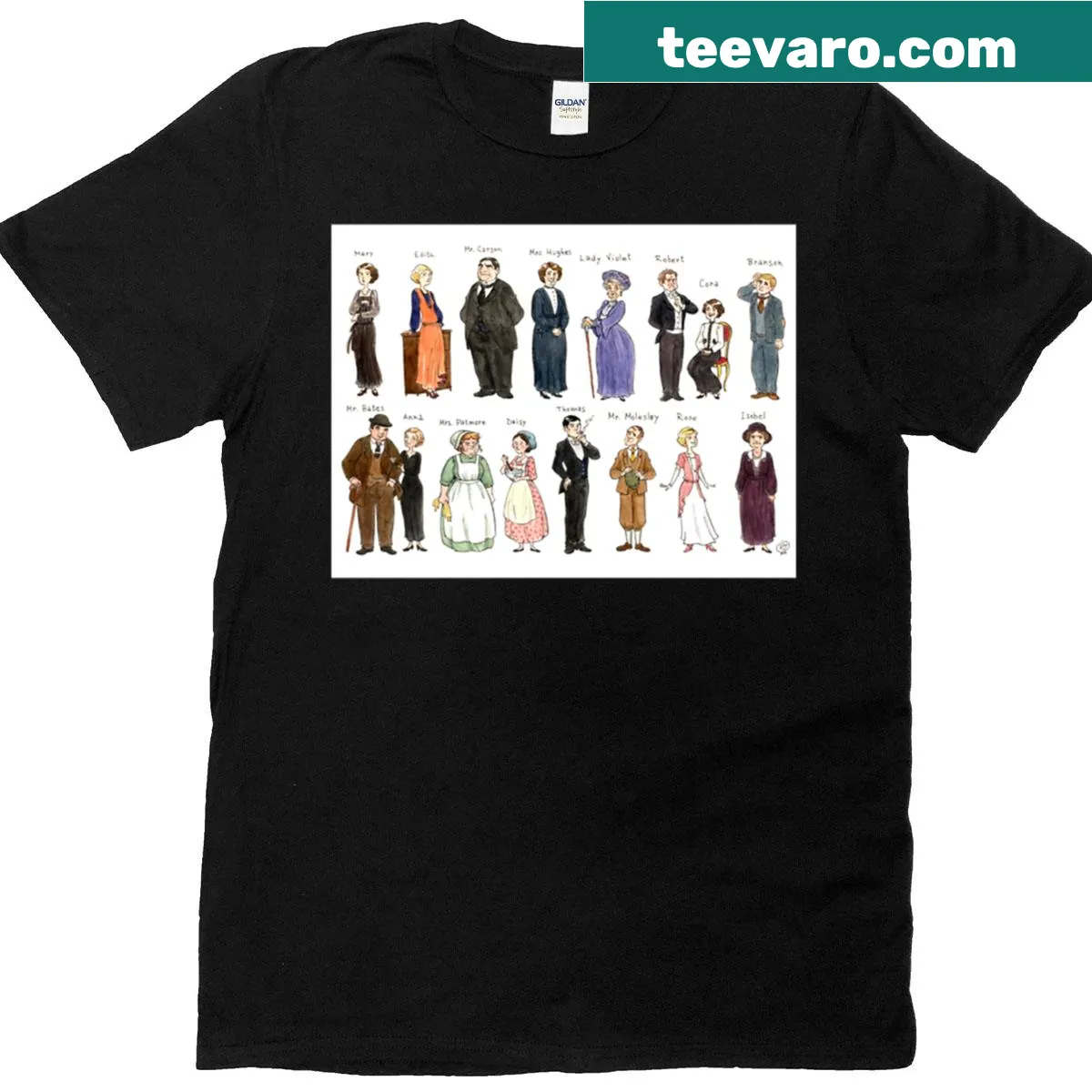 Downton Abbey themed t-shirt featuring character portraits — on a men's t-shirt