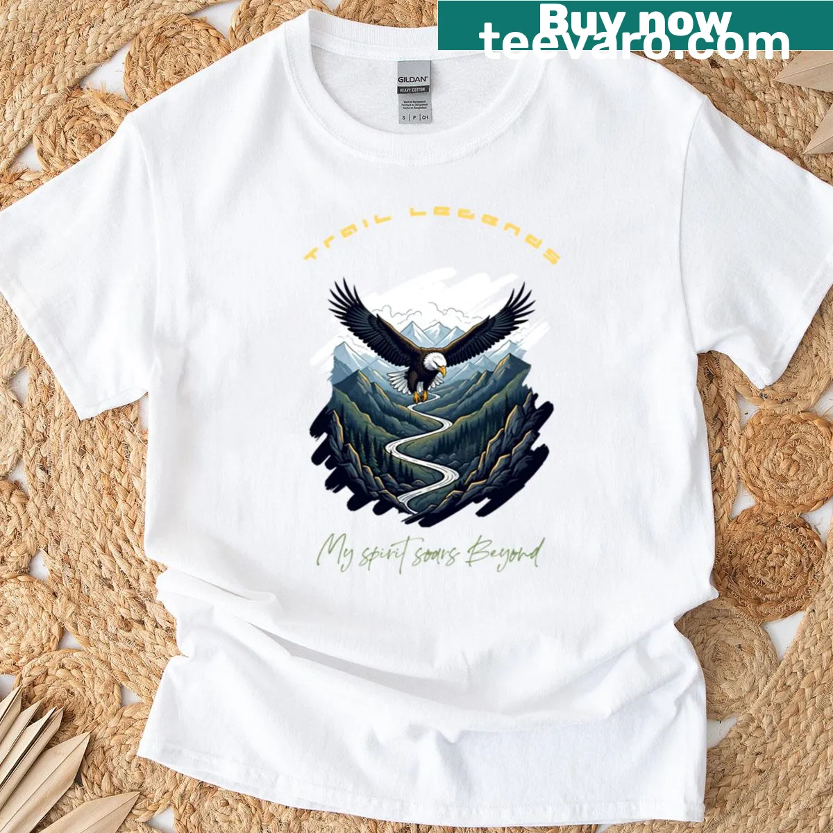 Illustration of an eagle flying over mountains on a t-shirt — on a men's t-shirt