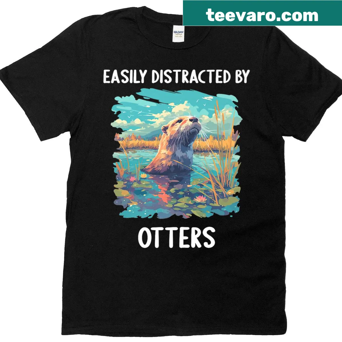 Playful T-shirt featuring otters with the phrase Easily Distracted By Otters — on a men's t-shirt