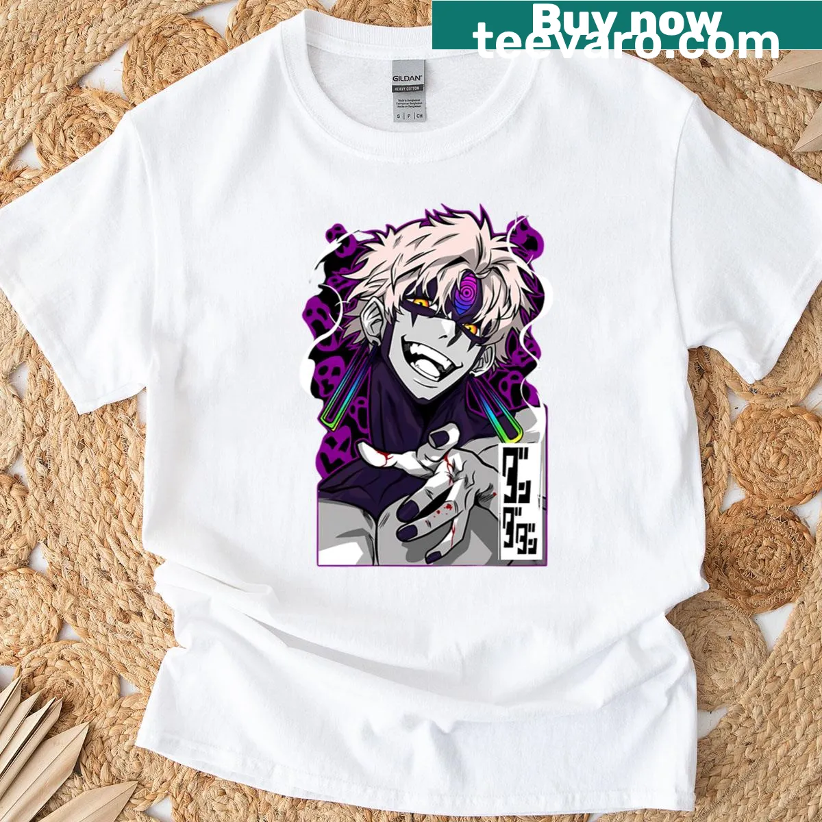 Stylish t-shirt featuring the evil eye symbol in unique typography — on a men's t-shirt