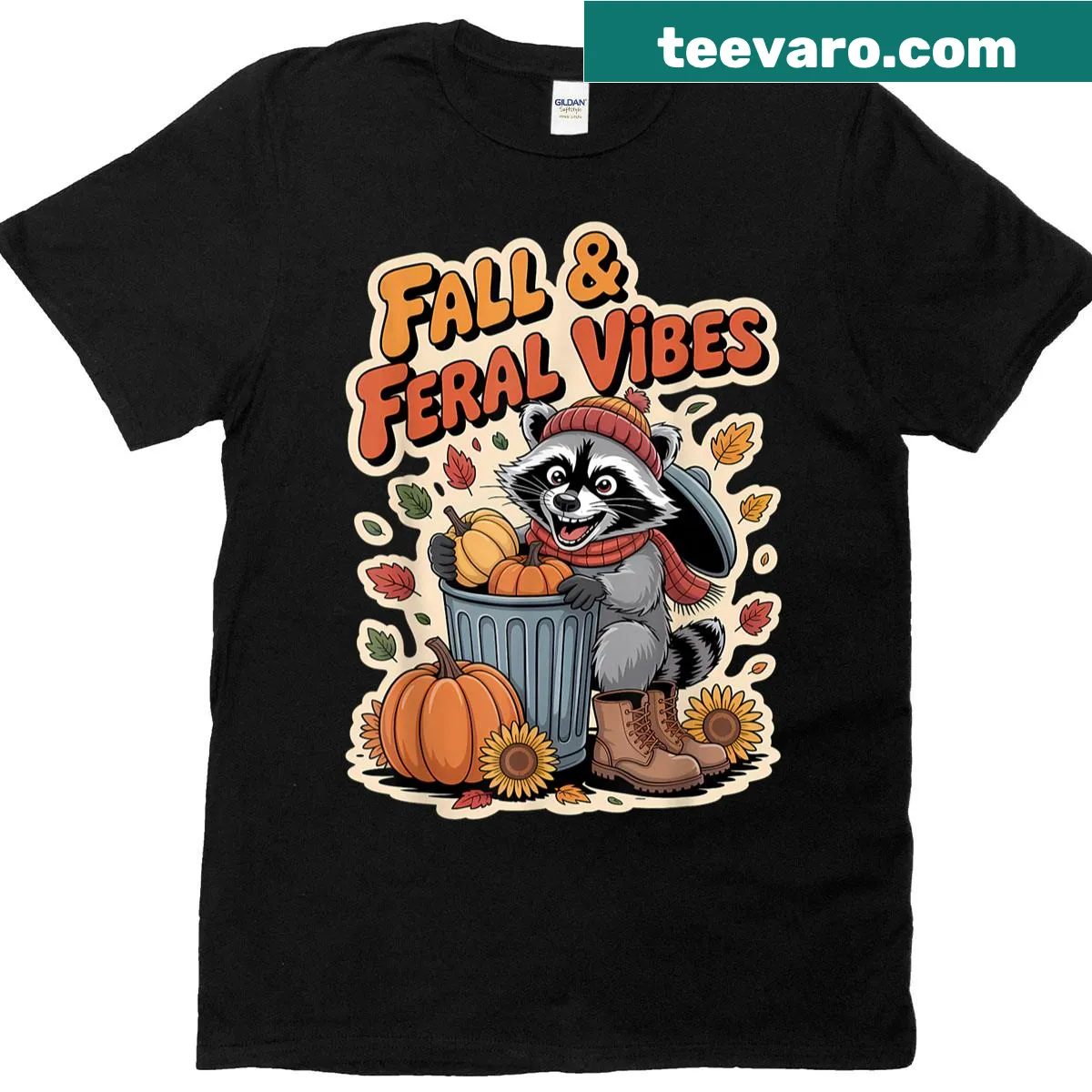 Cartoon raccoon and panda autumn t-shirt — on a men's t-shirt