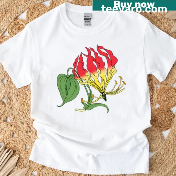 Illustration of Flame Lily flowers on a botanical T-shirt