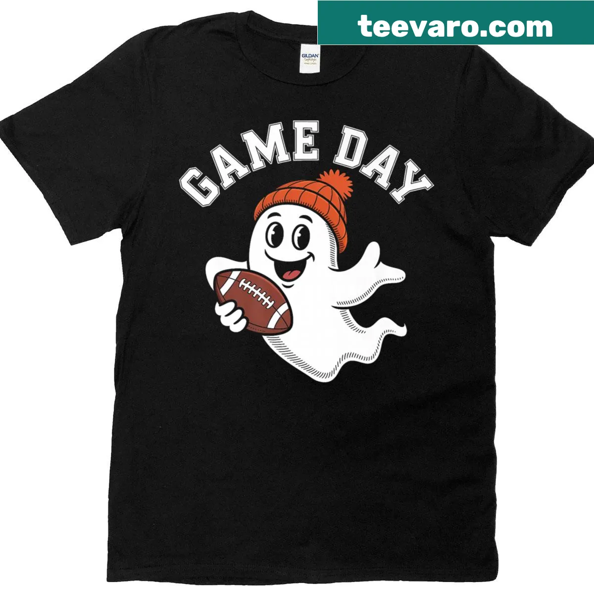 Ghost in football gear graphic for Halloween and game day — on a men's t-shirt