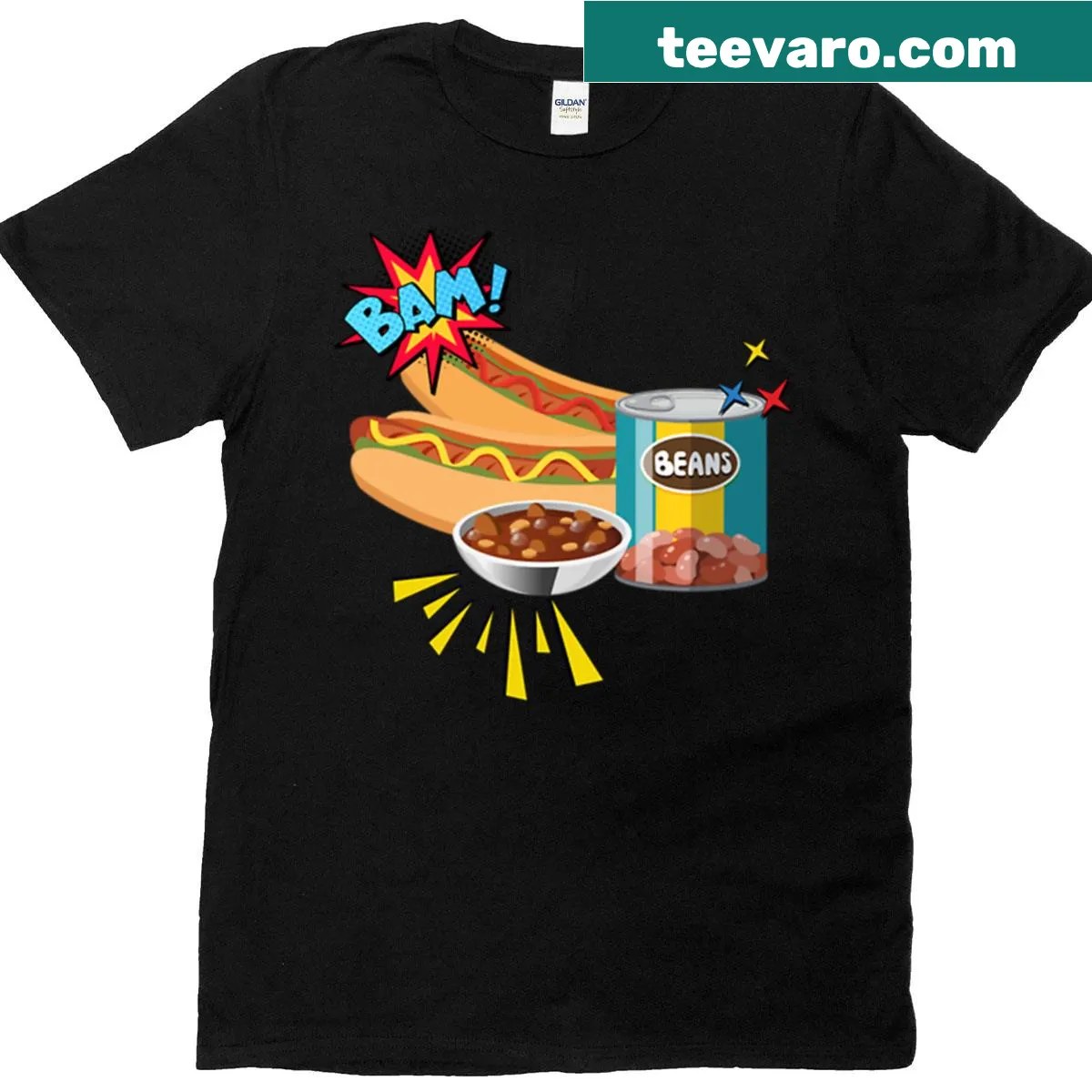 Comic-style T-shirt featuring franks and beans design — on a men's t-shirt