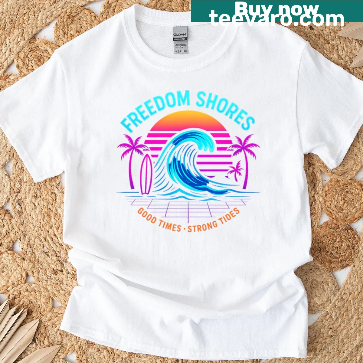 Beach scene illustration on a surf-themed T-shirt — on a men's t-shirt