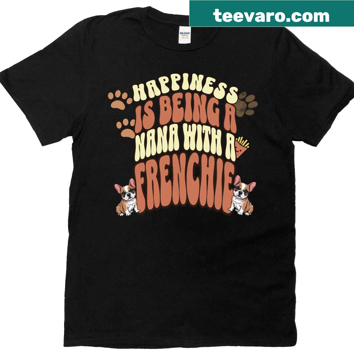 Cute T-shirt with 'Happiness Is Being A Nana With A Frenchie' text and illustration — on a men's t-shirt