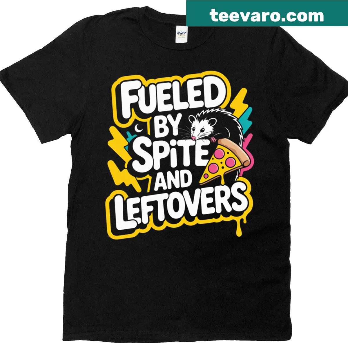 Funny t-shirt featuring an opossum and the phrase Fueled By Spite And Leftovers — on a men's t-shirt