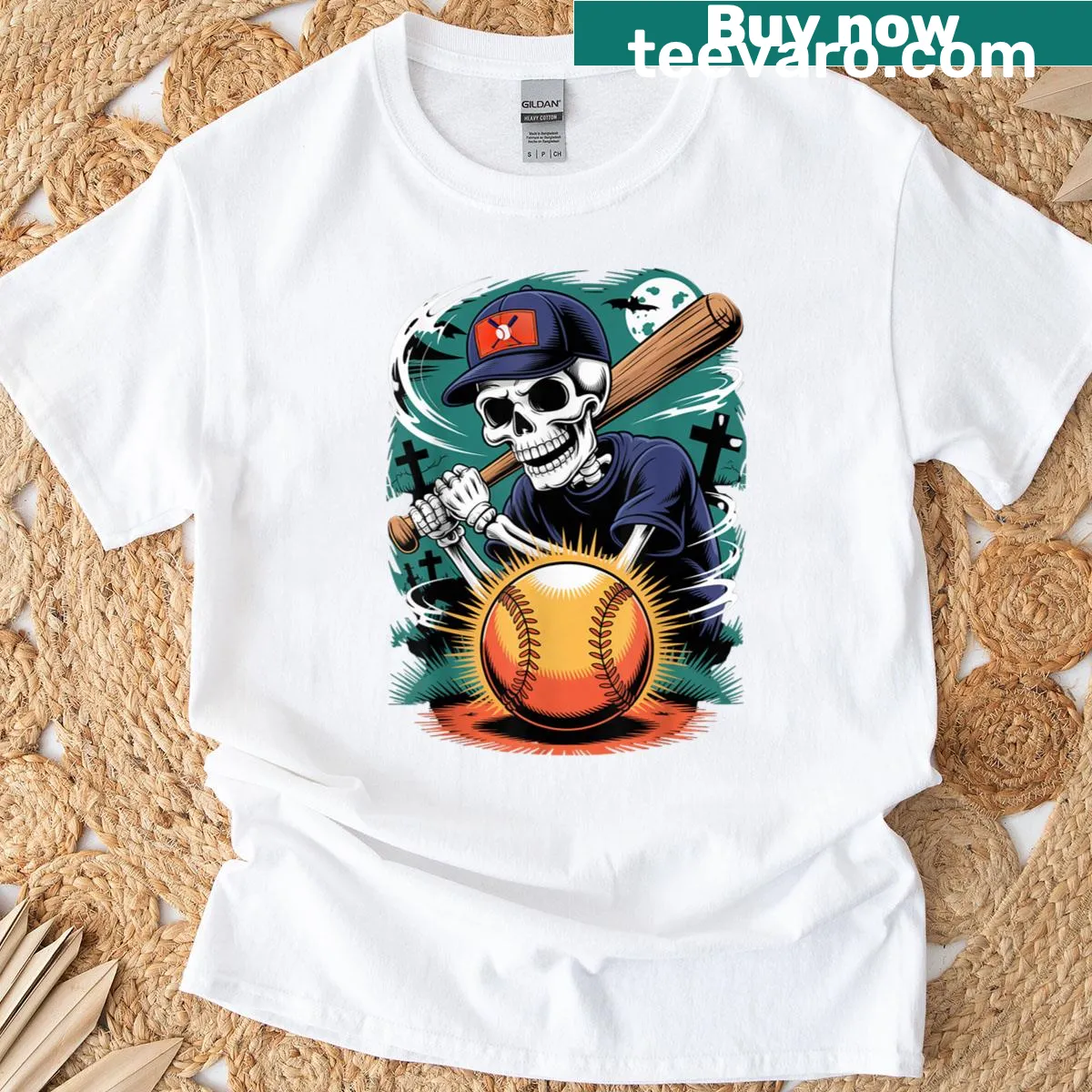 Skeleton playing baseball with a spooky Halloween twist — on a men's t-shirt