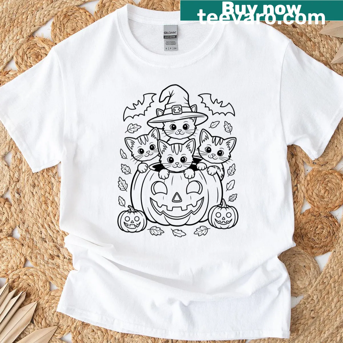 Halloween T-shirt with black cats and pumpkins graphic — on a men's t-shirt