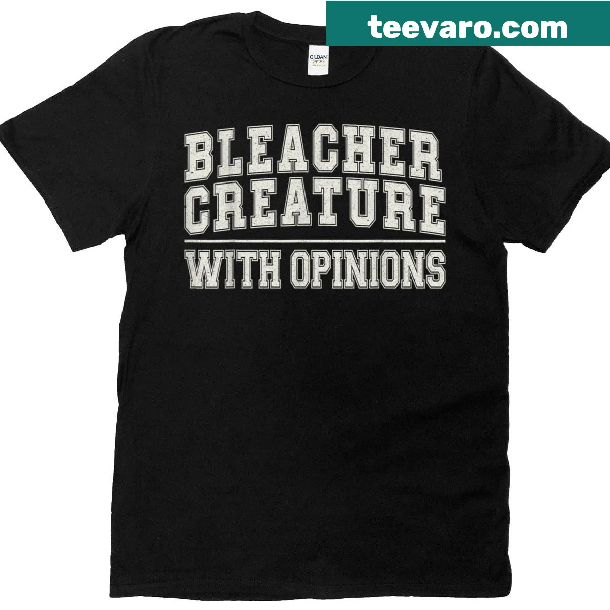 Funny t-shirt for sports moms with 'Bleacher Creature With Opinions' text — on a men's t-shirt