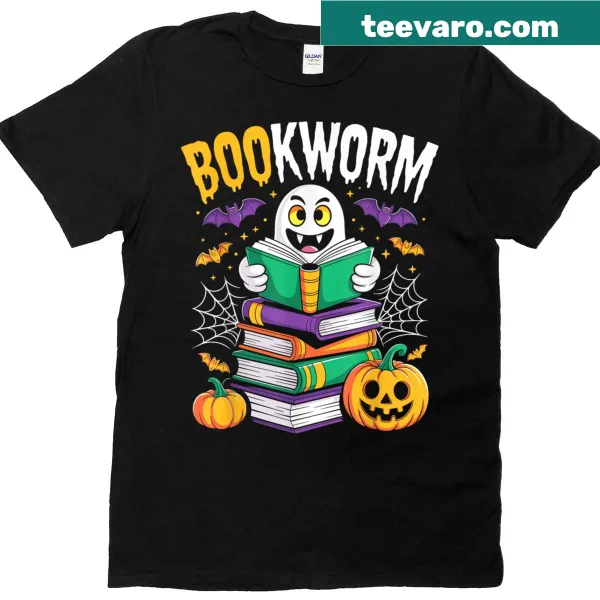 Cartoon T-shirt with a spooky ghost and books for Halloween