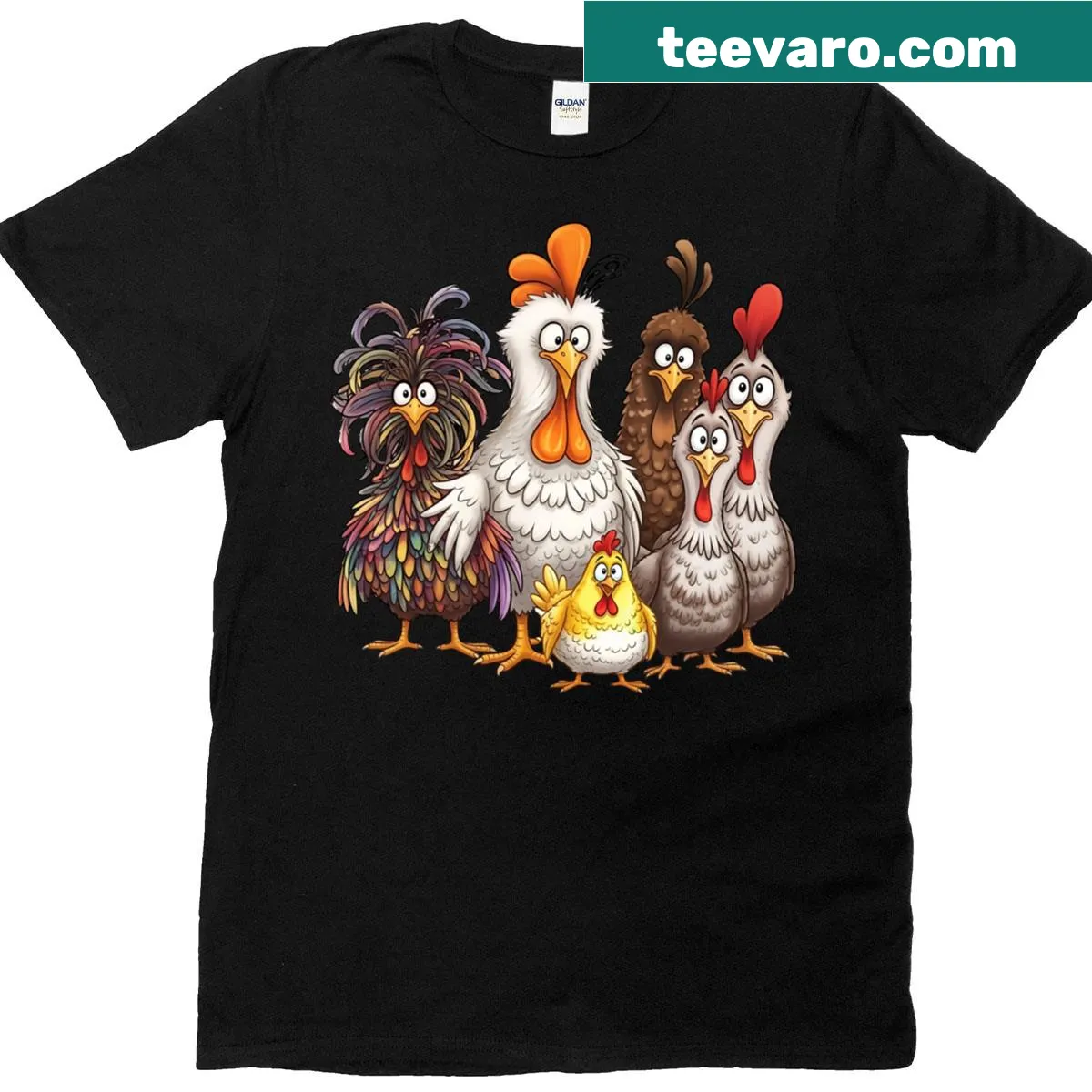 Humorous Thanksgiving T-shirt featuring a colorful cartoon chicken family — on a men's t-shirt