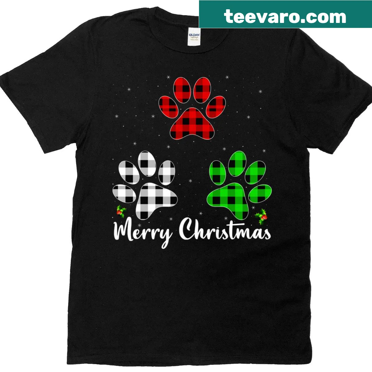 Christmas-themed t-shirt featuring a dog paw print design — on a men's t-shirt