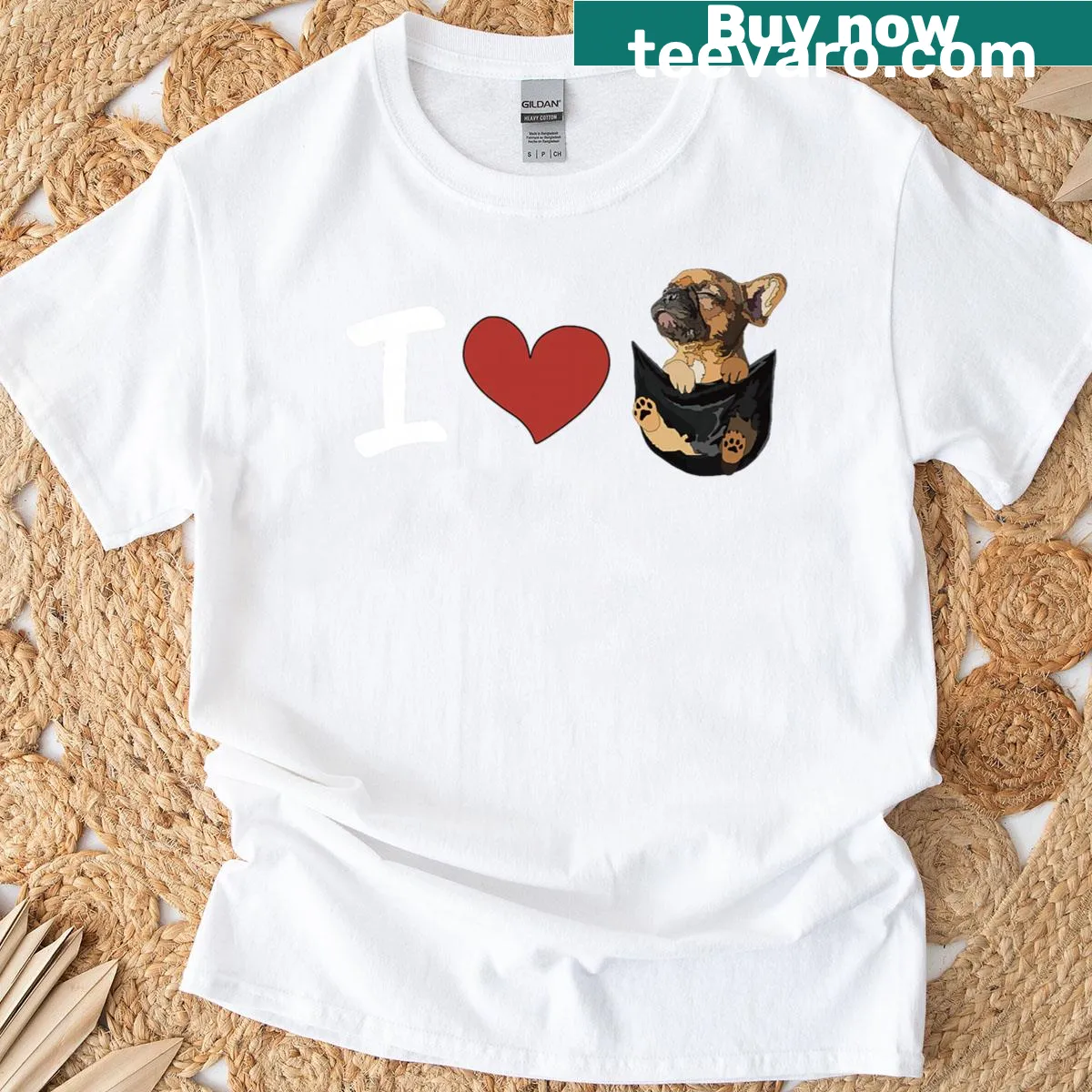 Cartoon French Bulldog peeking out of a pocket — on a men's t-shirt