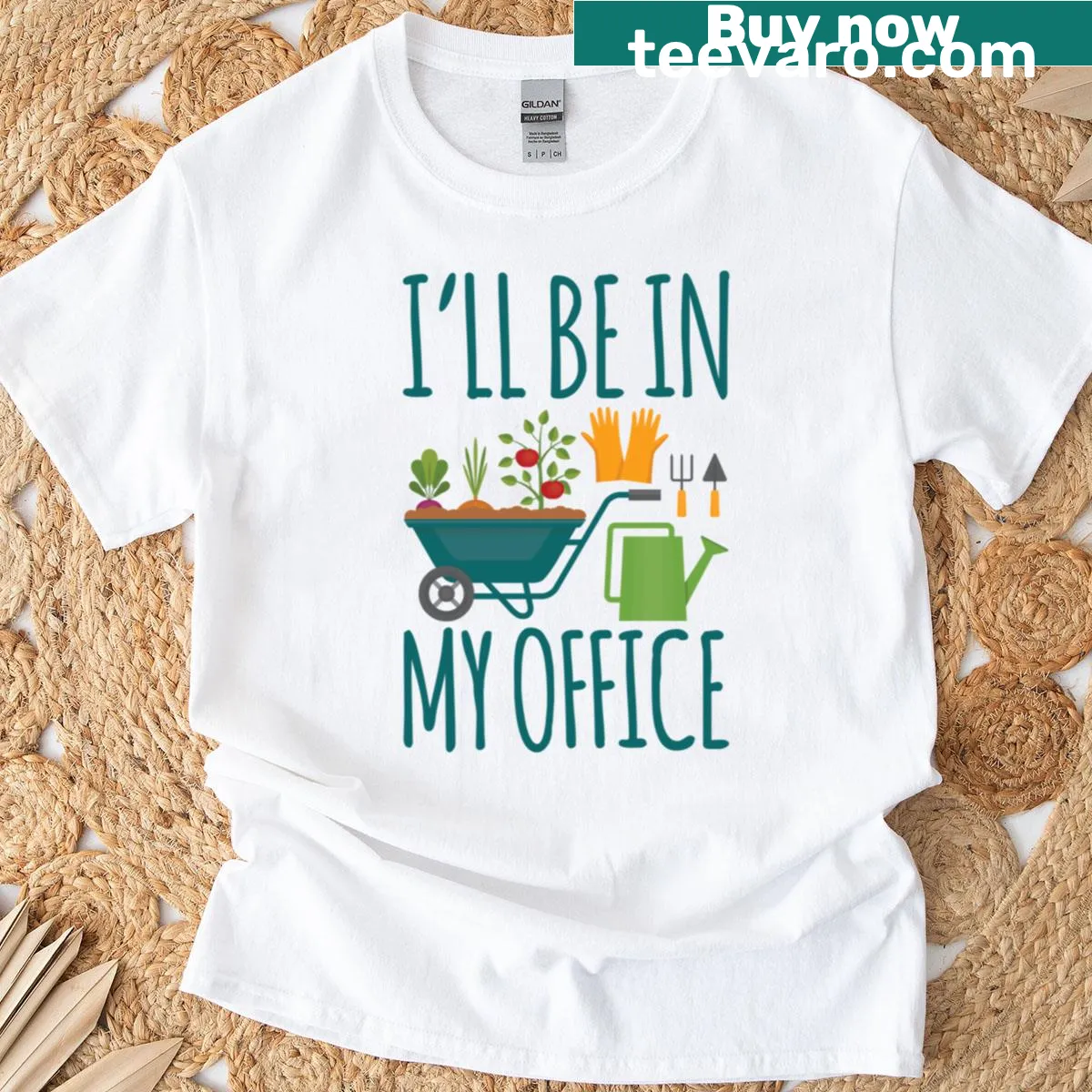 Funny gardening t-shirt with graphic of gardening tools and text — on a men's t-shirt