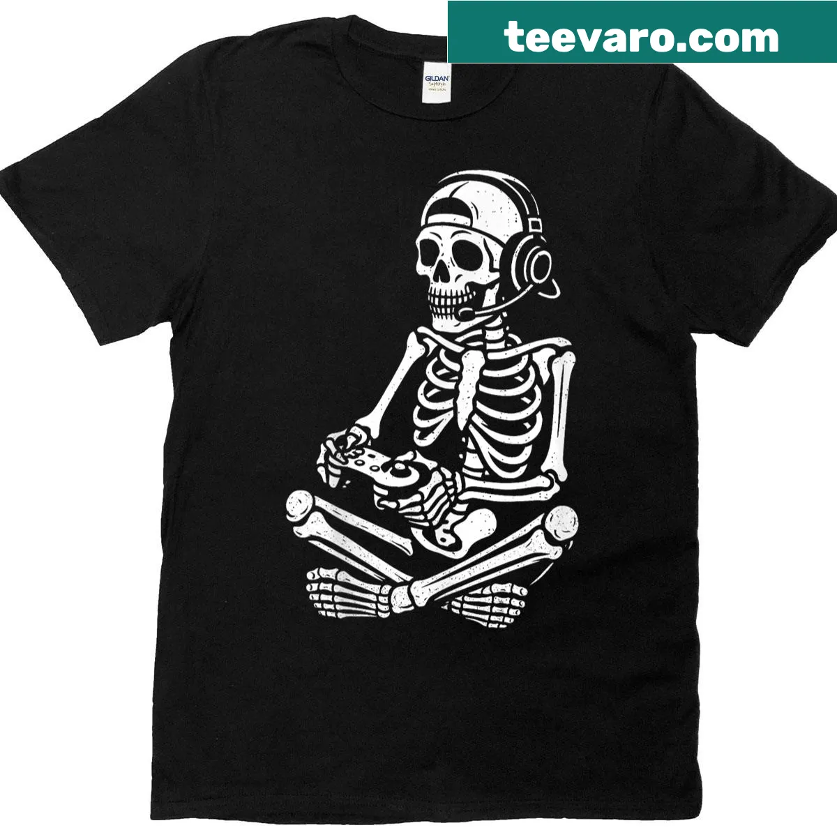 Halloween-themed t-shirt with a skeleton gamer design — on a men's t-shirt