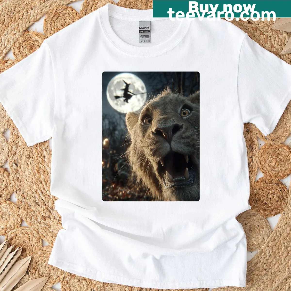 Halloween t-shirt with a lion selfie and a witch flying in a forest. — on a men's t-shirt