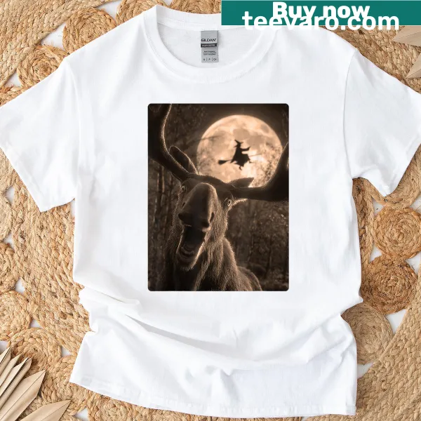 Illustration of a moose taking a selfie under a full moon with a witch flying above.