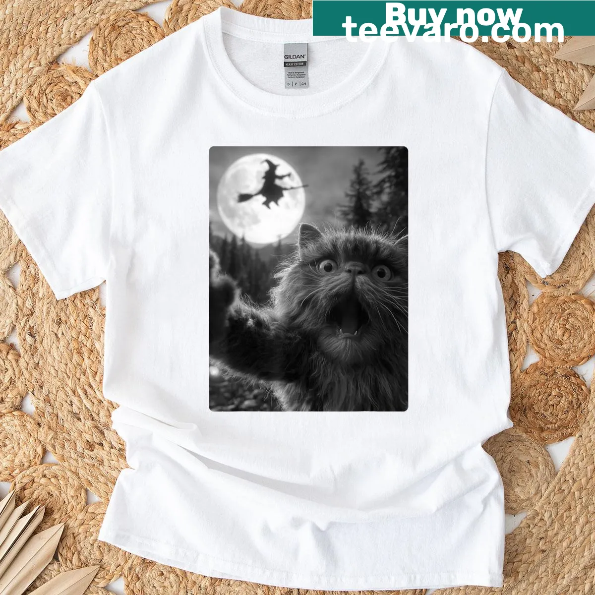 Funny Halloween t-shirt with a Persian cat and flying witch — on a men's t-shirt