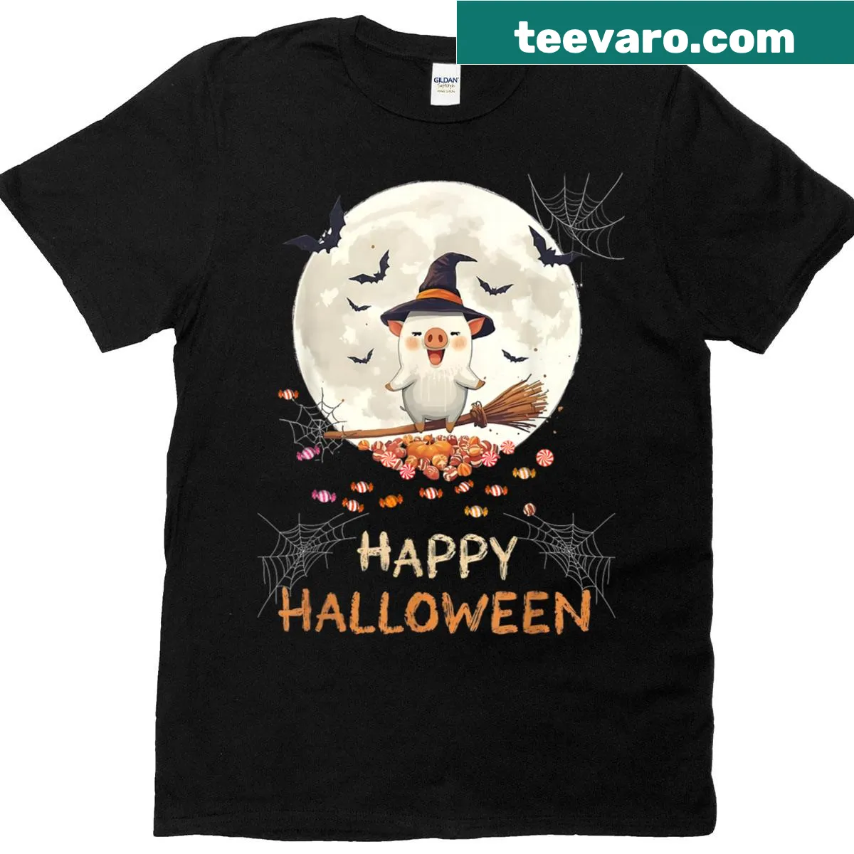 Whimsical pig witch with candy and ghost graphics for Halloween. — on a men's t-shirt