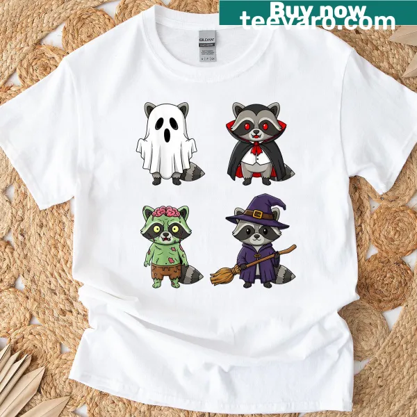 Cartoon design of a raccoon as a ghost and witch for kids on a t-shirt.