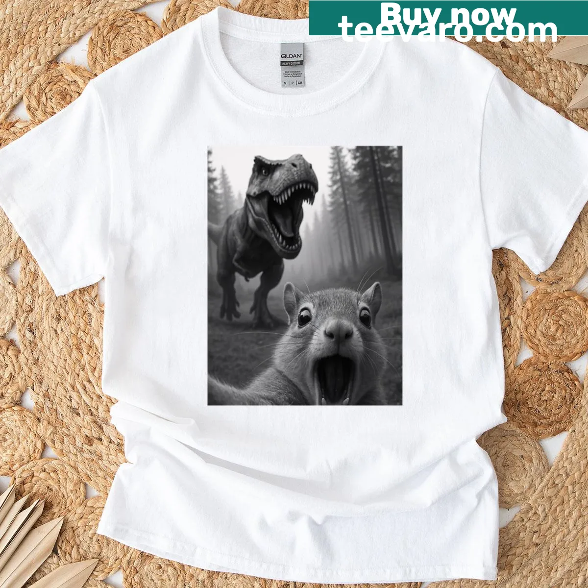 Cartoon T-Rex and squirrel graphic shirt for kids — on a men's t-shirt