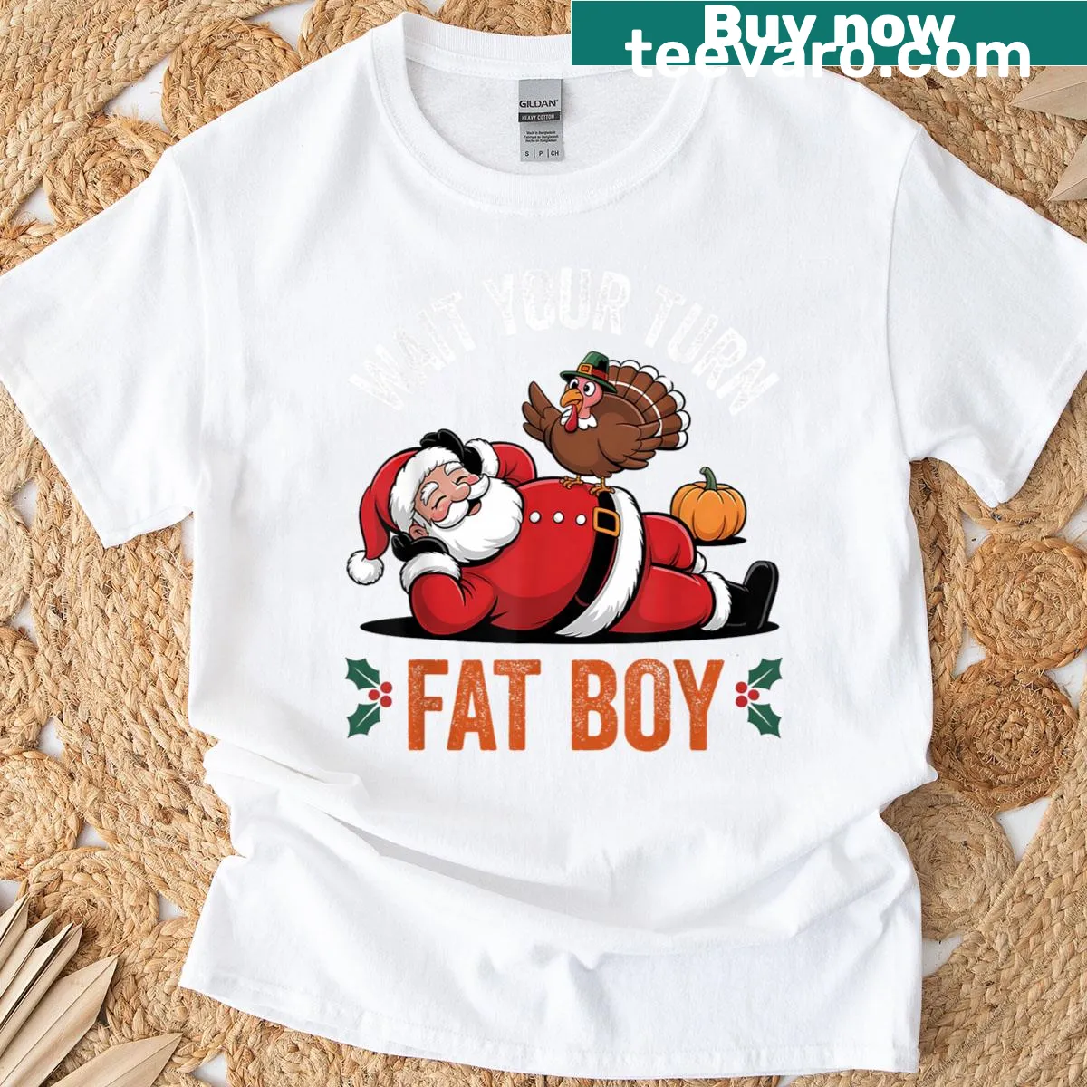 Whimsical turkey vs Santa graphic shirt for holiday fun — on a men's t-shirt