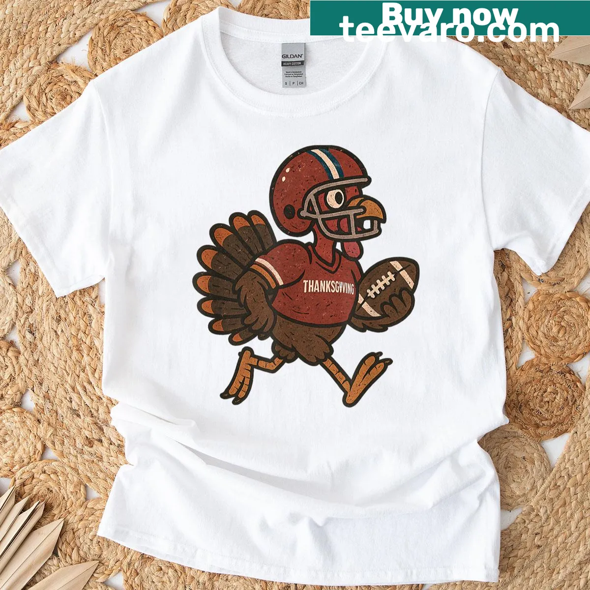 Cartoon turkey in football gear on a Thanksgiving T-shirt — on a men's t-shirt