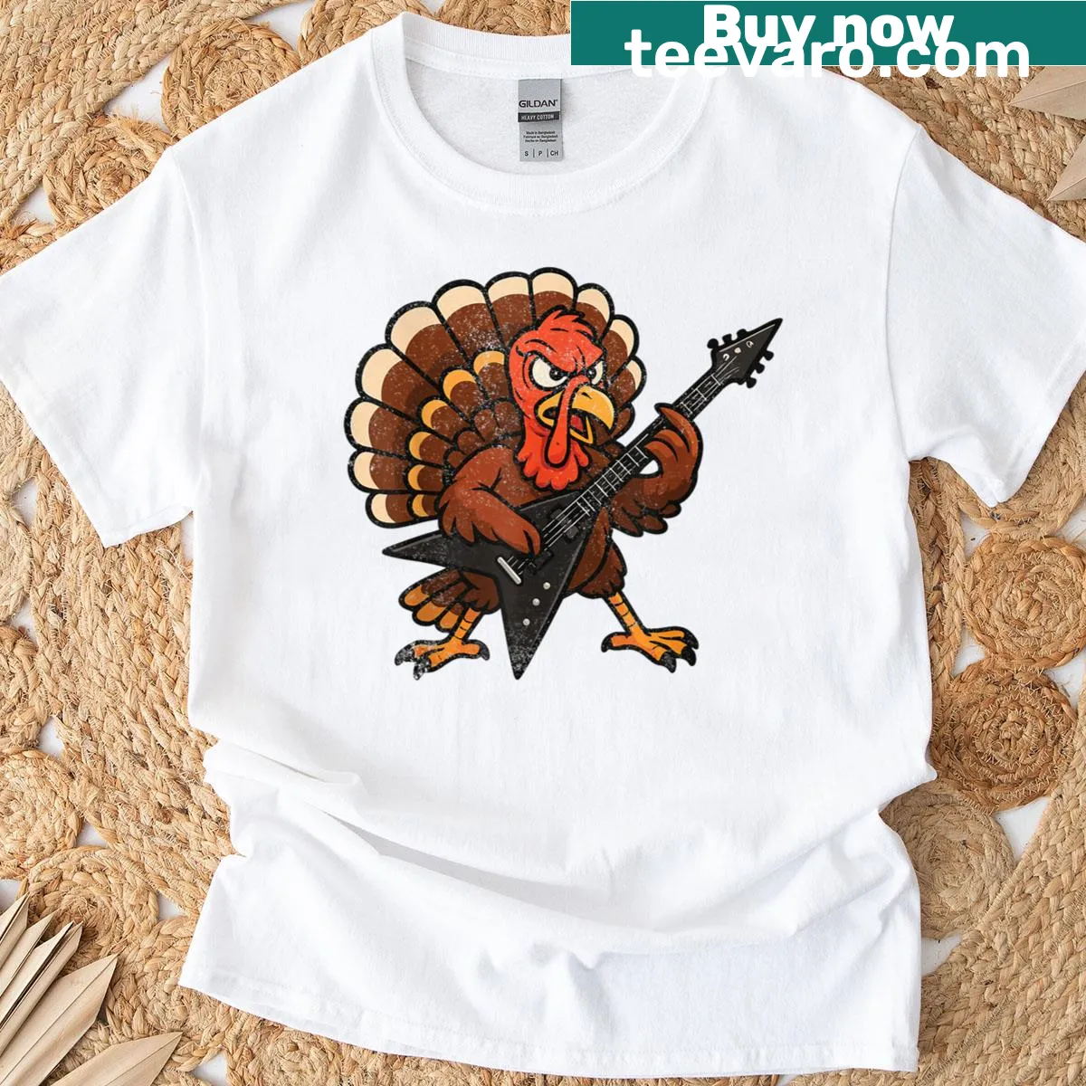 Cartoon turkey playing guitar on a Thanksgiving T-shirt — on a men's t-shirt