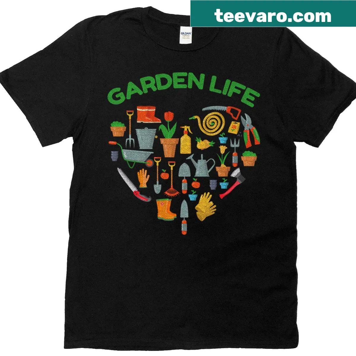 T-shirt featuring gardening tools and plants illustration — on a men's t-shirt