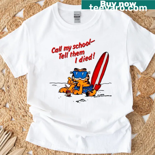 Cartoon graphic of Garfield skipping school on a t-shirt.