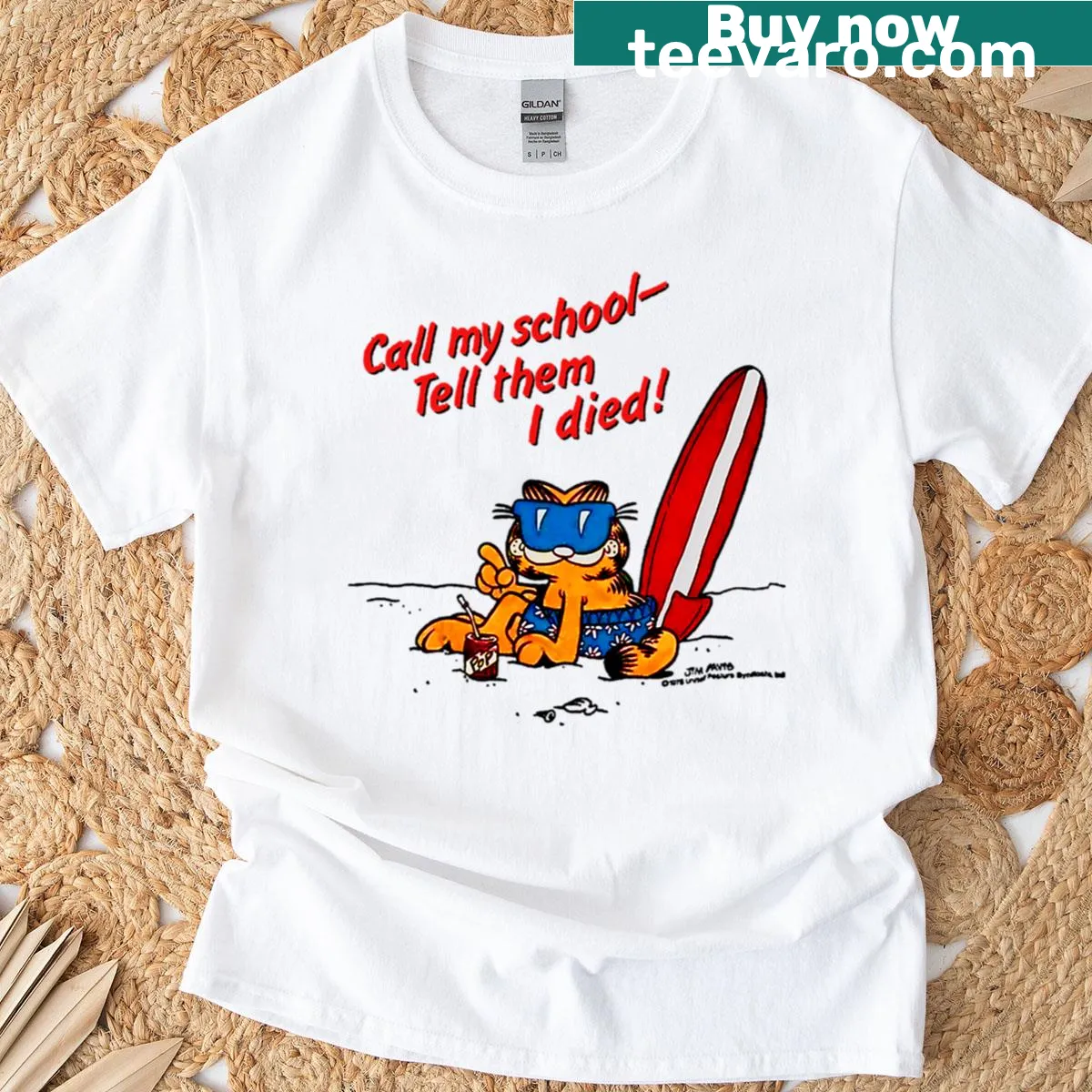 Cartoon graphic of Garfield skipping school on a t-shirt. — on a men's t-shirt