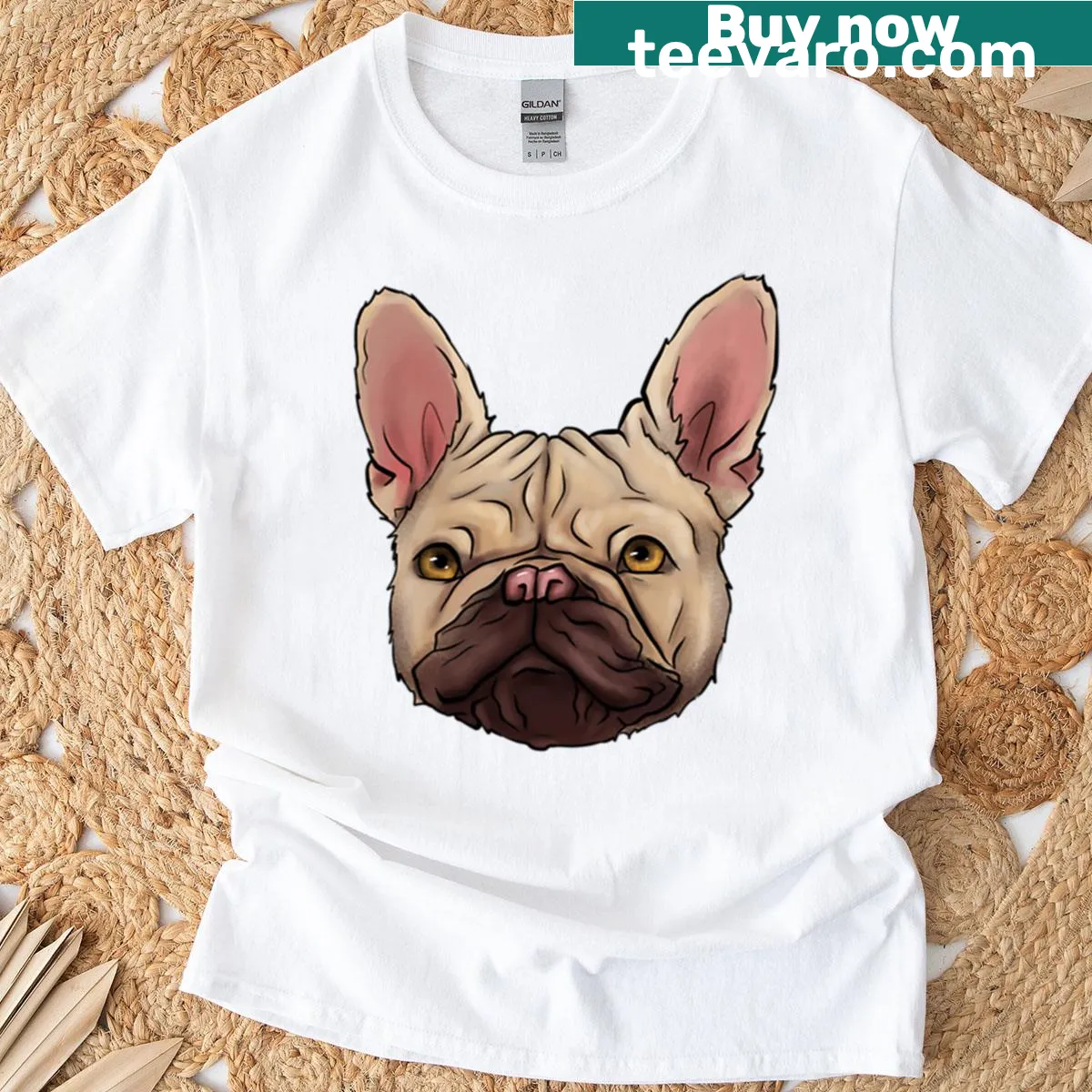 Illustration of Gazpacho the French Bulldog on a T-shirt — on a men's t-shirt